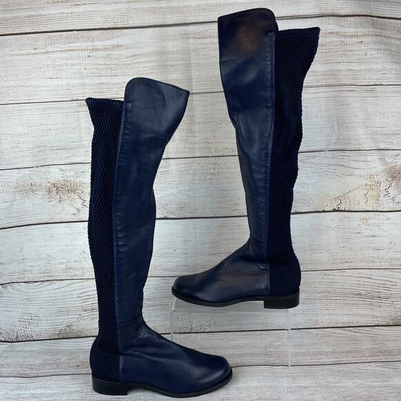 Stuart Weitzman 5050 Womens Sz 6.5 AA Stretch Boots Over The Knee Navy Blue Leat - Picture 1 of 9